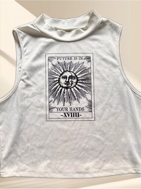 SHEIN White Ribbed Mock Neck Sun Tarot Graphic Tank